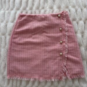 Francesca's Collections Pink Tweed Fringe Mini Skirt with Pearl Buttons